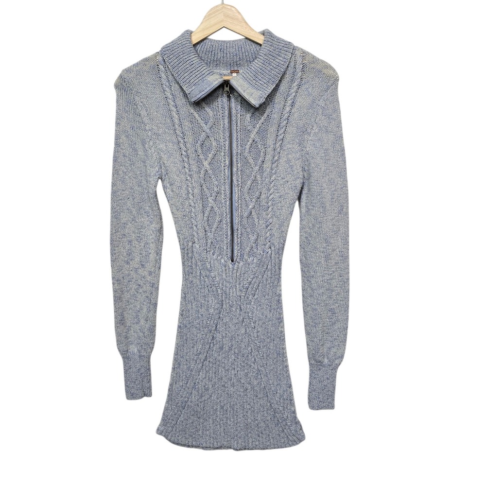 Free People Blue Marled Cable Knit Half Zip Mini Sweater Dress Womens Size Small